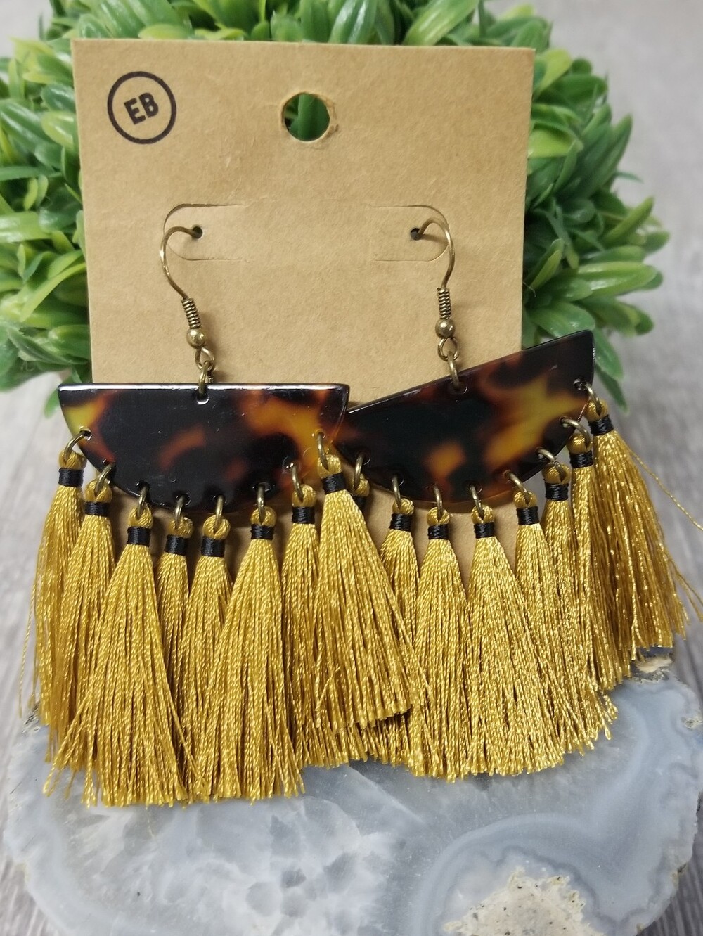 Faux Tortoise Shell & Thread Tassel Earrings